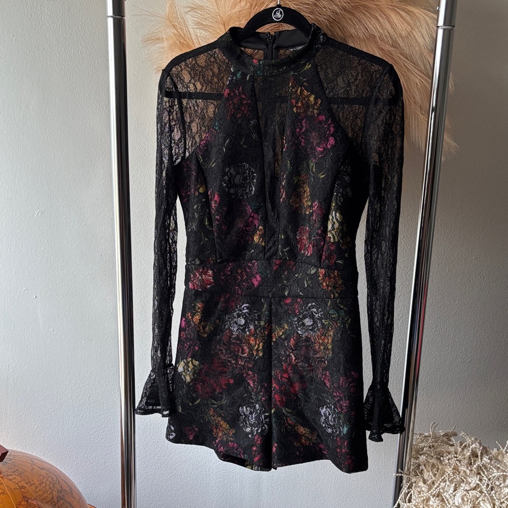 Guess Black Floral Lace Long Sleeve Romper